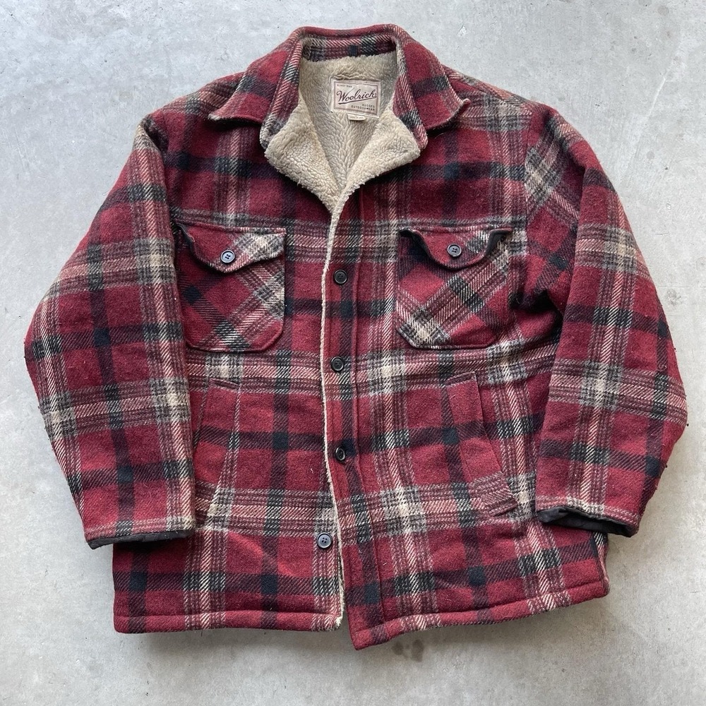 Vintage 70s Woolrich Wool Sherpa Lined Jacket Coat Red Plaid Men's M USA Made